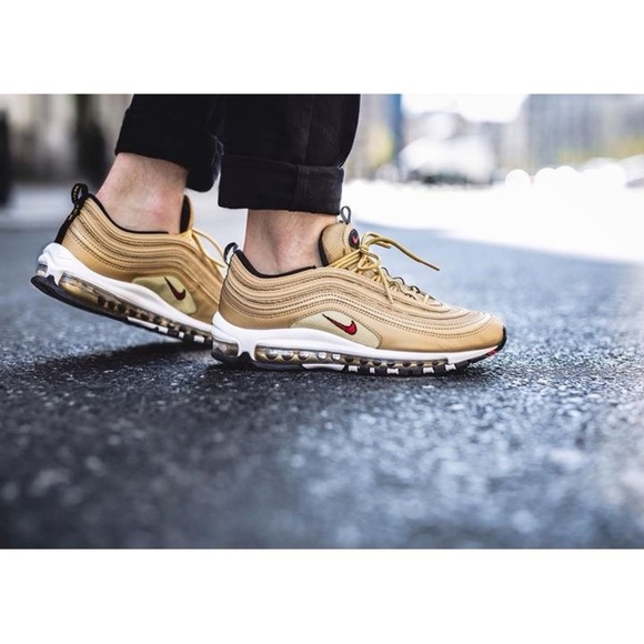 Nike Air Max 97 Og Sneakers in Metallic Gold, Varsity Red, Black, & White 6.5 - Picture 1 of 7